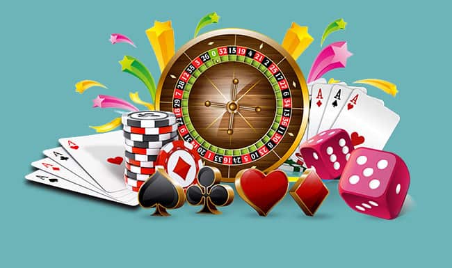 Casinoattiraljer, såsom spelkort, spelpolletter, rouletthjul, tärningar, slotshjul och pengar